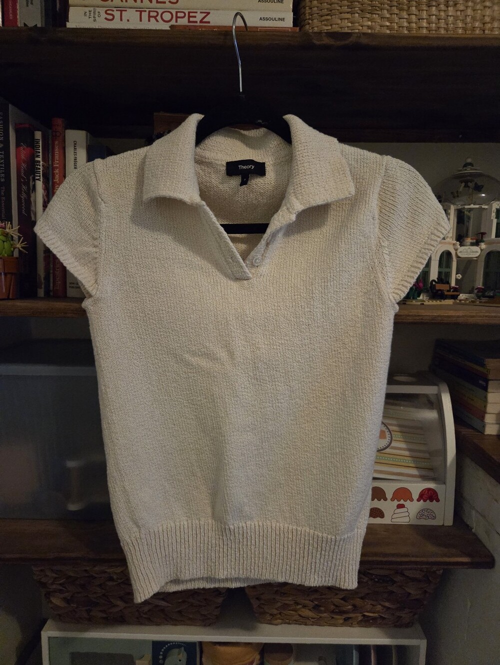 Theory Cream Short-Sleeve V-Neck Polo Sweater Top